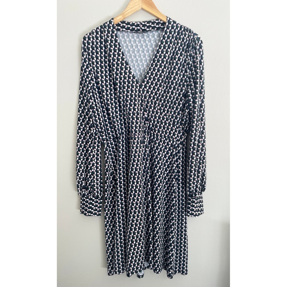 Long Sleeves Retro Geometric Faux Wrap Dress Large V Neck Workwear Office Chic